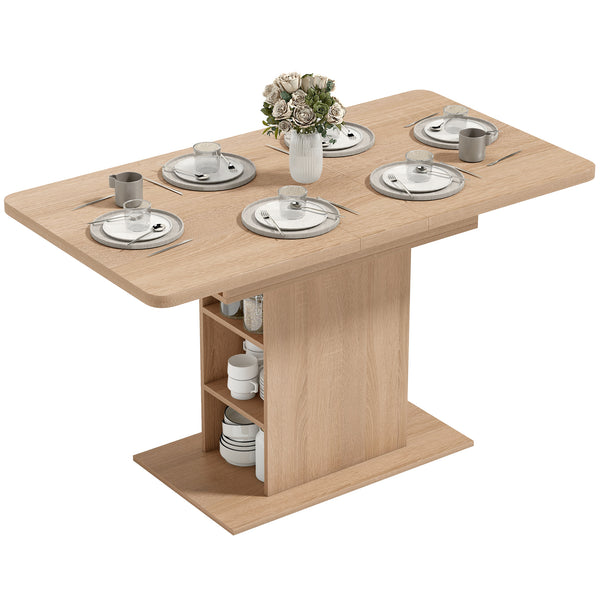 Table de salle à manger extensible pour 4 à 6 personnes avec 6 étagères ouvertes, en bois naturel.