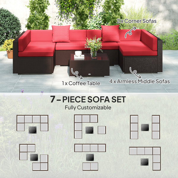 Ensemble de sectionnel 7 pièces en osier pour patio, rouge vin