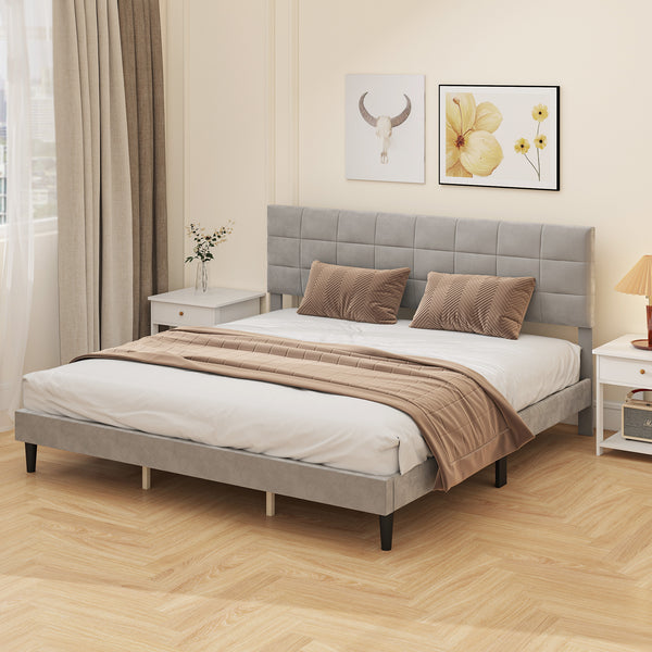 Cadre de lit king size avec tête de lit rembourrée, lattes en bois, capacité de charge de 500 kg, gris