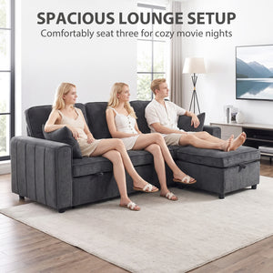 Canapé-lit d'angle modulable avec pouf de rangement réversible avec coussin à ressorts, gris foncé