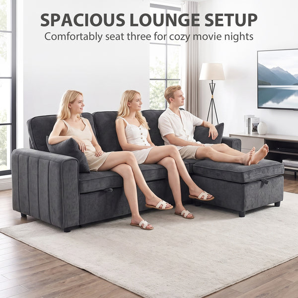 Canapé-lit d'angle modulable avec pouf de rangement réversible avec coussin à ressorts, gris foncé