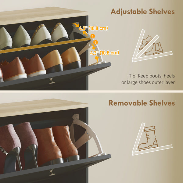 Meuble à chaussures moderne avec 4 tiroirs à charnières et étagères réglables, pour 18 à 24 paires de chaussures, noir