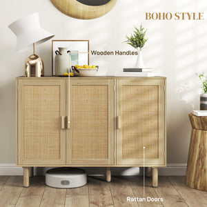 Buffet bohème avec 3 portes en rotin et étagères, pour salon ou entrée, en chêne.