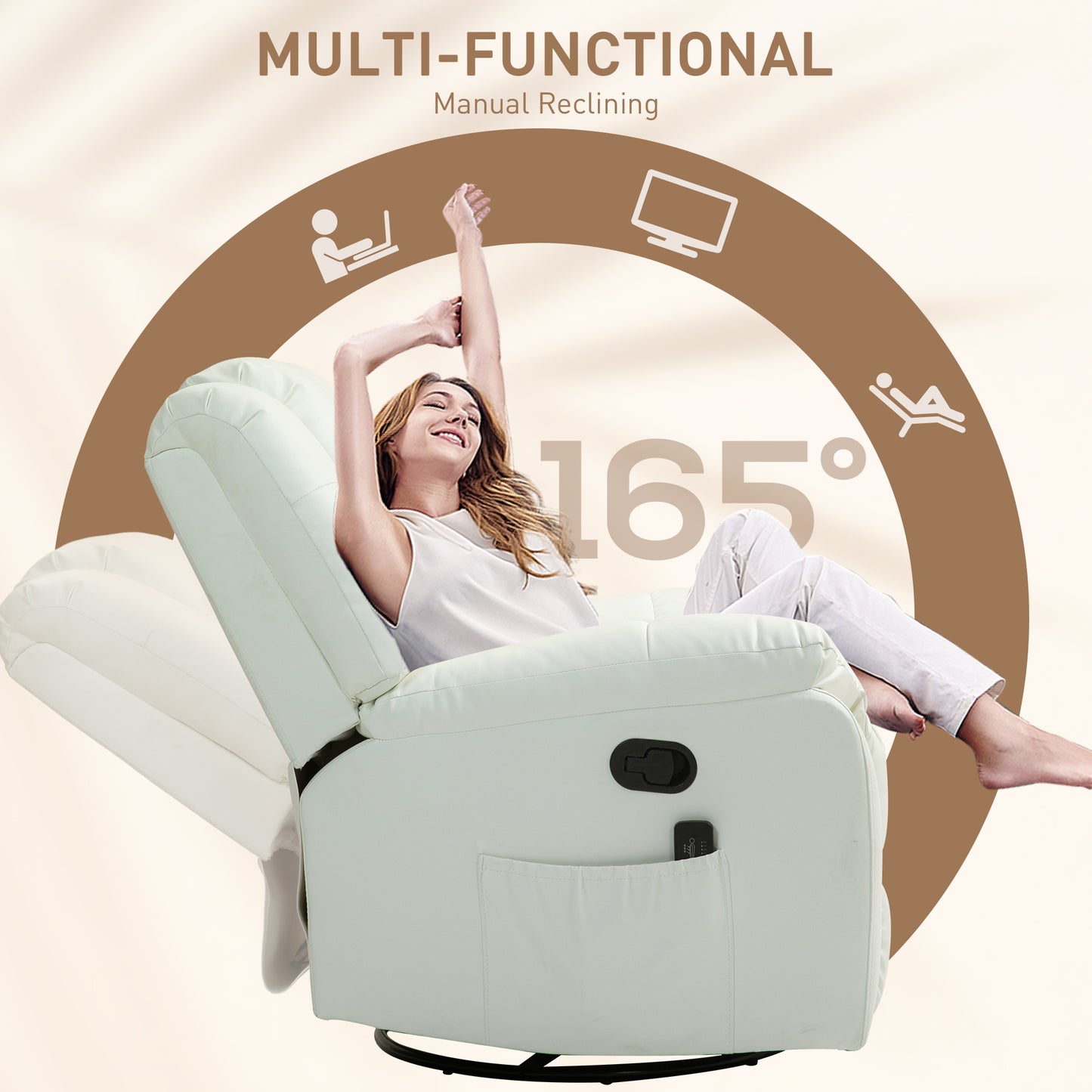 Fauteuil inclinable massant à vibrations 8 points en cuir, pivotant, poches latérales, pour salon, blanc crème