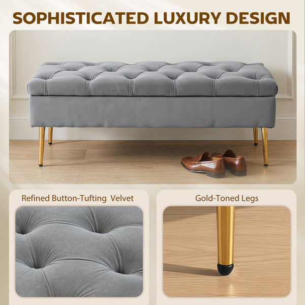 Banc ottoman avec rangement, assise capitonnée en velours et pieds dorés – Gris et doré