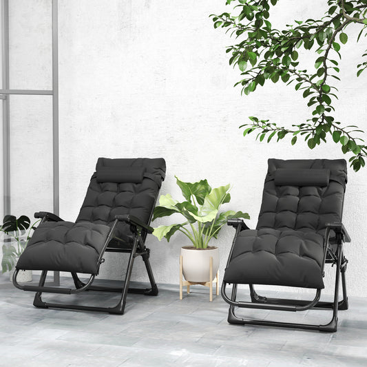 Outsunny Set of 2 Folding Garden Chairs, Zero Gravity Reclining, Sun Lounger with Cushion and Headrest, Black