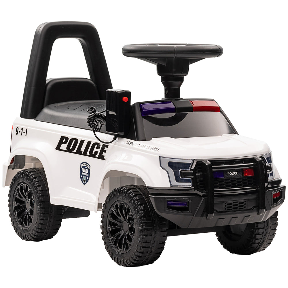Kids' Sliding Police Car with Hidden Underseat Storage, Megaphone, Removable Backrest, White