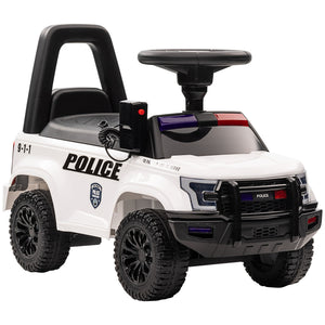 Kids' Sliding Police Car with Hidden Underseat Storage, Megaphone, Removable Backrest, White