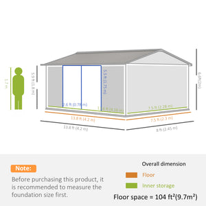 Abri de jardin en acier galvanisé 14 pi x 8 pi, avec portes verrouillables et aérations, gris