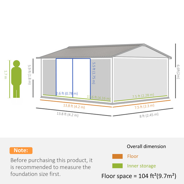 Abri de jardin en acier galvanisé 14 pi x 8 pi, avec portes verrouillables et aérations, gris