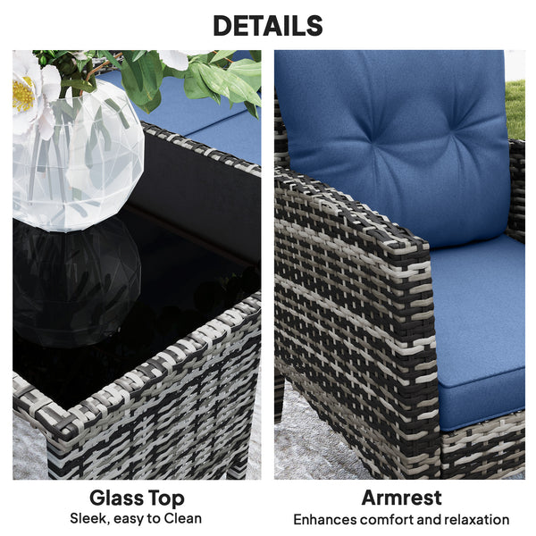 Ensemble de meubles de jardin 6 pièces avec chaises de jardin, poufs, canapé, table en verre et coussins, bleu marine