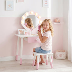 Coiffeuse pour enfant avec miroir lumineux, tabouret et 7 accessoires, rose