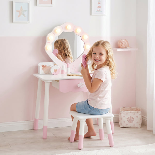 Coiffeuse pour enfant avec miroir lumineux, tabouret et 7 accessoires, rose