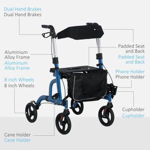 Rollator Walker for Seniors and Adults with 8'' Wheels, Padded Seat and Backrest,  Storage Bag Blue