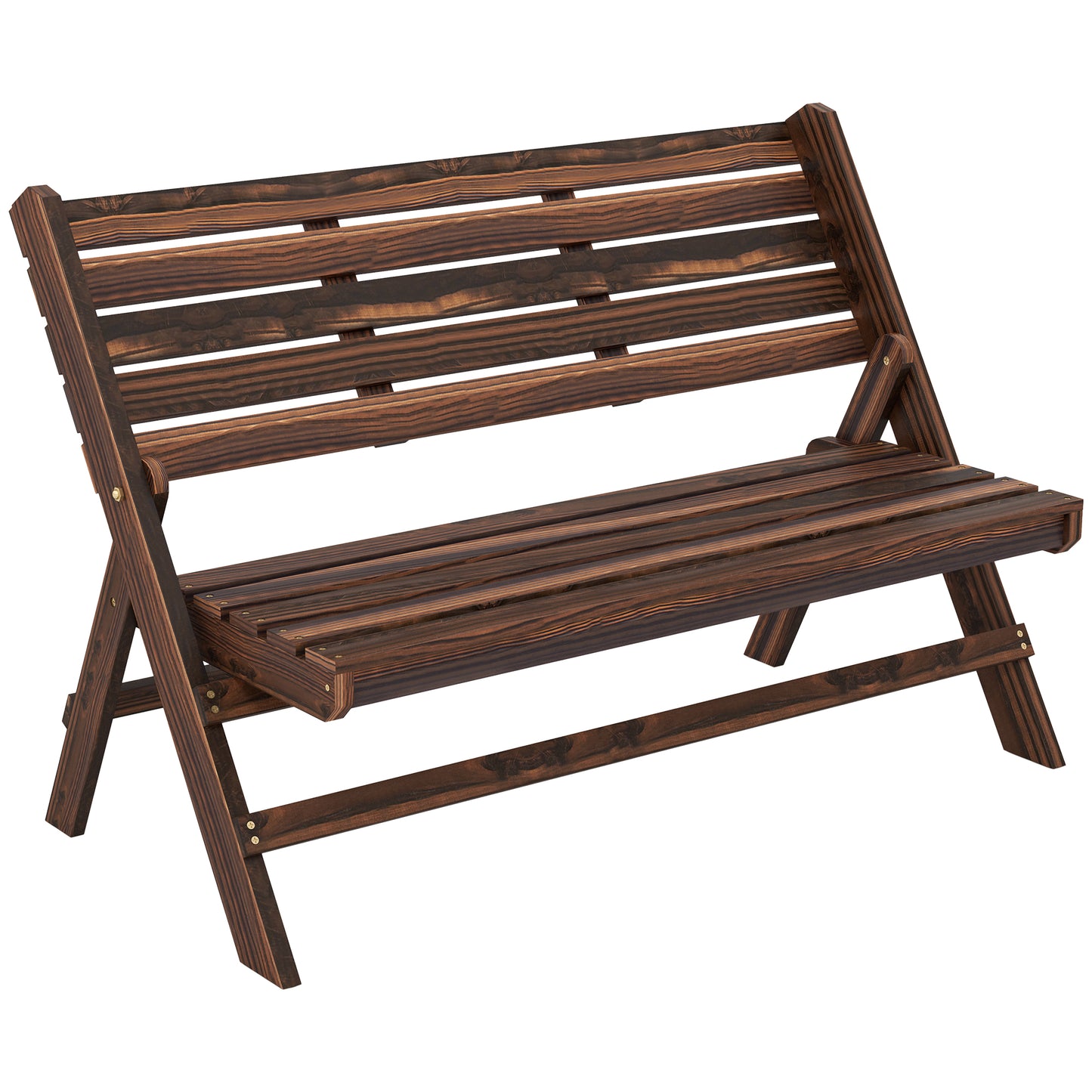 Banc d'extérieur en bois 2 places avec dossier et assise à lattes, finition carbonisée