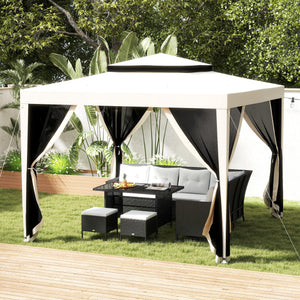 10' x 10' Outdoor Canopy Tent Party Tent with Mesh Netting and Double Tier Roof for Backyard, Garden, Patio, Cream White