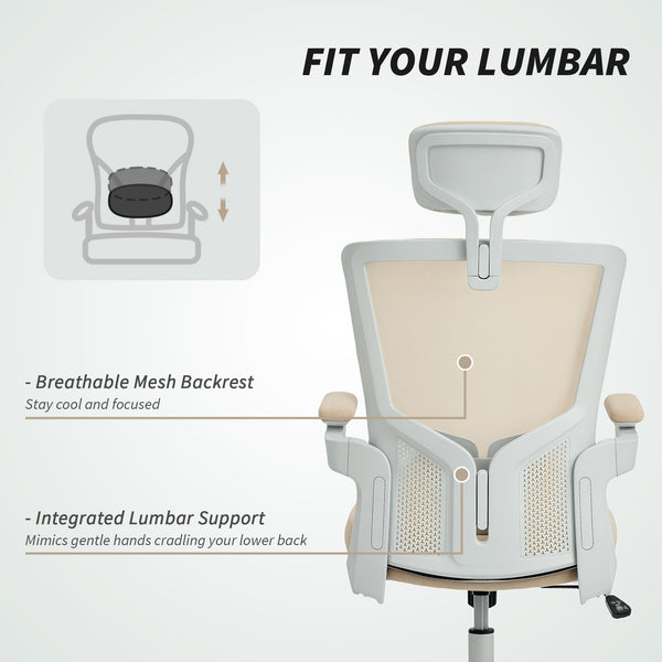 Ergonomic office chair with lumbar support and headrest, beige