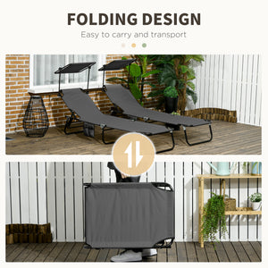Lot de 2 chaises longues avec dossier inclinable avec parasol pour plage et terrasse, gris foncé