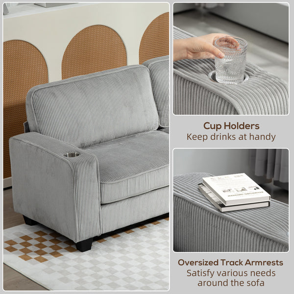 Canapé 3 places en tissu avec coussin à ressorts et porte-gobelets, gris clair