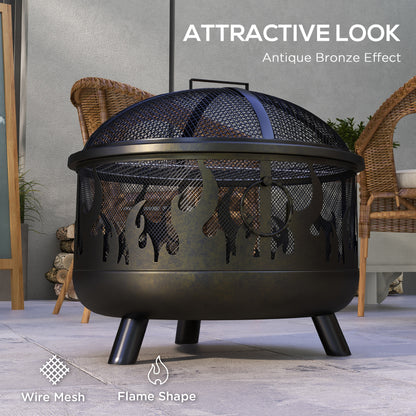 Foyer d'extérieur en métal rond de 61 cm avec couvercle et poignées de barbecue pour jardin, camping, barbecue, feu de joie, noir