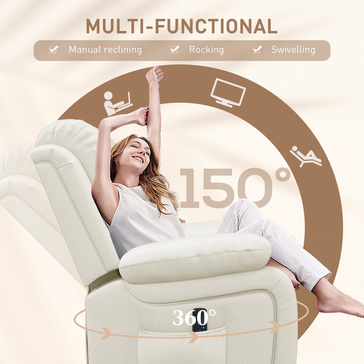 Fauteuil inclinable en cuir synthétique avec massage par vibration, base pivotante, fonction bascule, télécommande, blanc crème