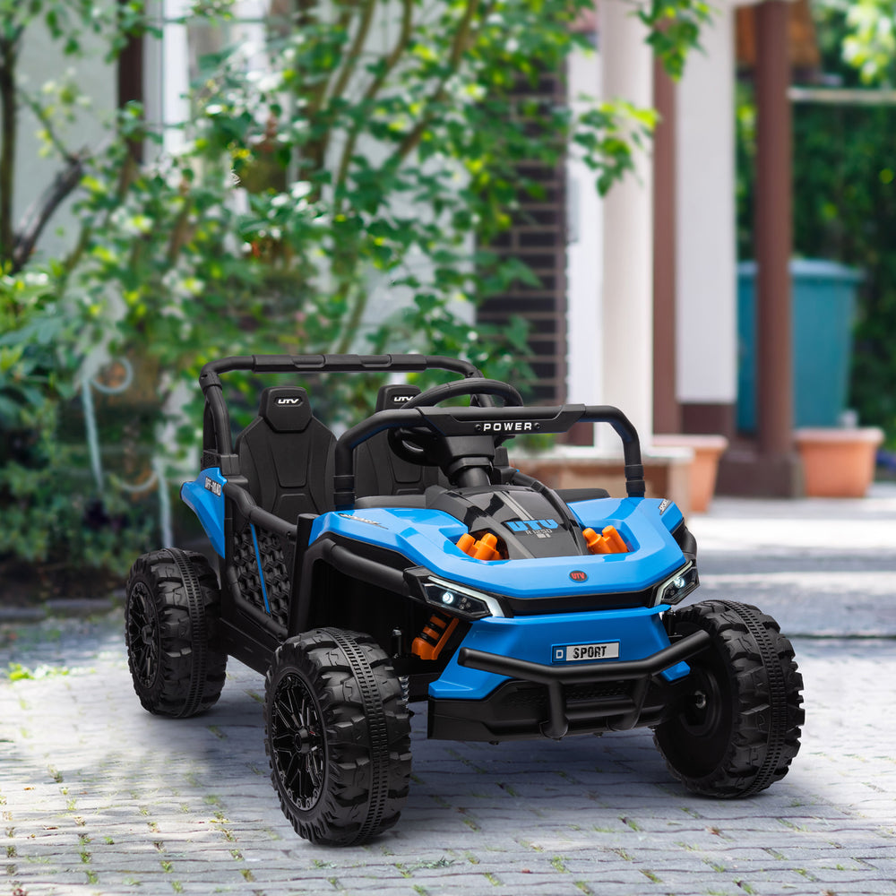 Voiture 12 V avec suspension à ressorts, phares à LED, 3 vitesses, bleu