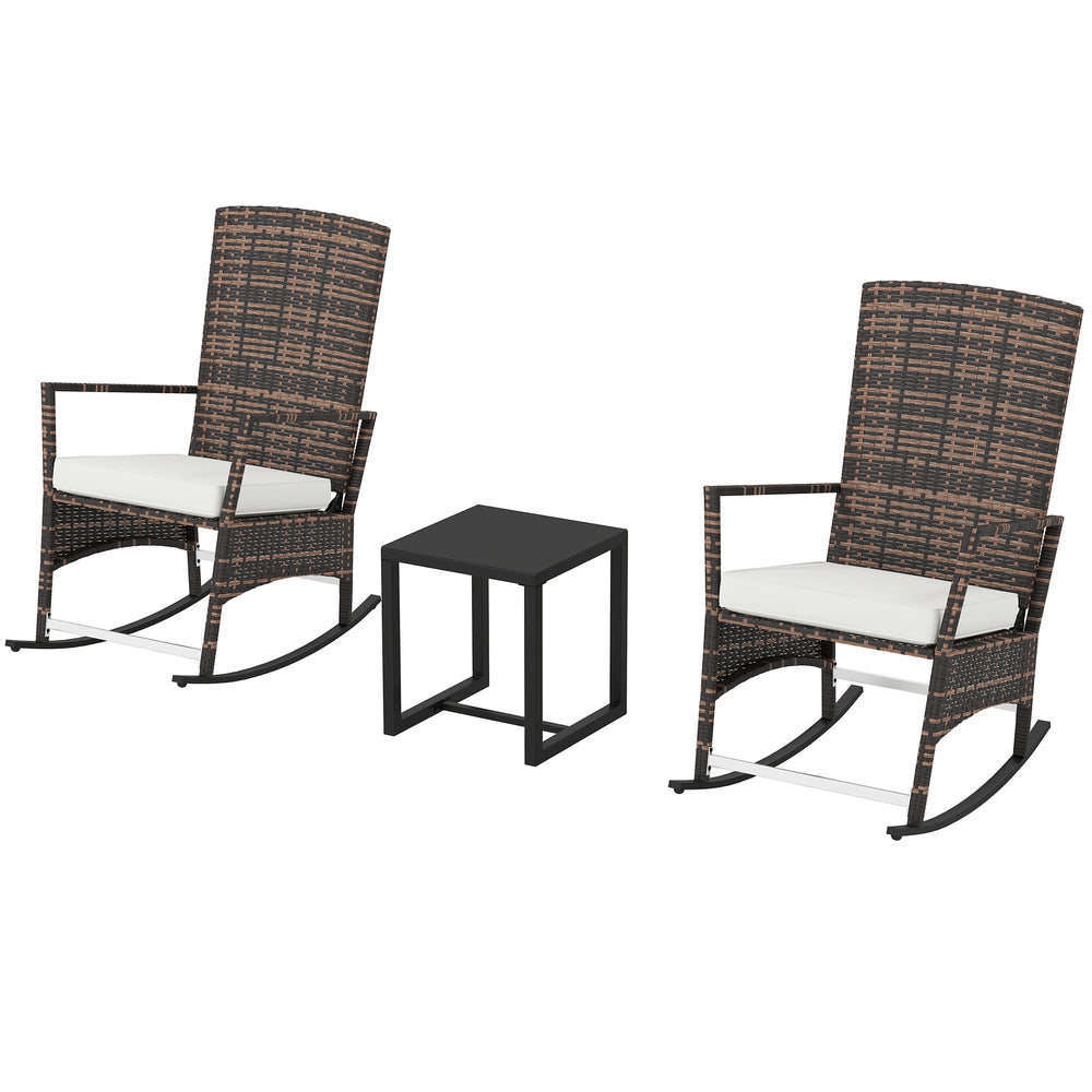 Ensemble bistrot 3 pièces en osier blanc avec fauteuils à bascule inclinables à 3 niveaux, dossier haut et table en verre