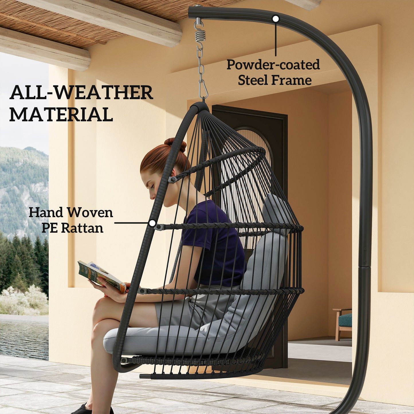 Outsunny Wicker Swing with Stand, Foldable and Hanging, UV Resistant Cushion and Headrest, Dark Grey