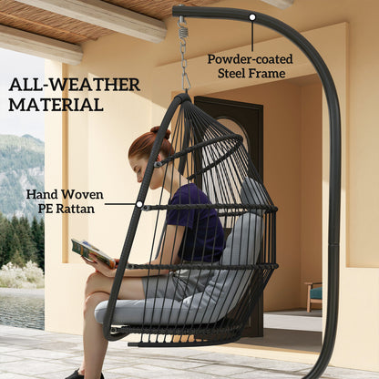 Outsunny Wicker Swing with Stand, Foldable and Hanging, UV Resistant Cushion and Headrest, Dark Grey