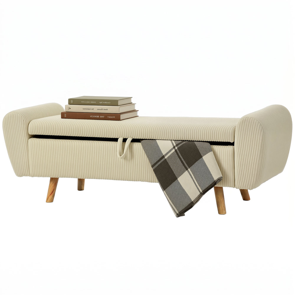 Storage Ottoman, 59" Corduroy End of Bed Storage Bench for King Size Bed with Wooden Legs and Rolled Arms, Beige