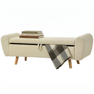 Banc de rangement 59 po en velours côtelé, beige