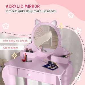 Coiffeuse avec miroir et tabouret, motif chat, rose