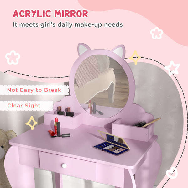 Coiffeuse avec miroir et tabouret, motif chat, rose