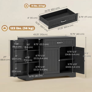 44" Modern Kitchen Storage Cabinet with Drawer, Adjustable Shelves, Small Kitchen Pantry with Door Racks, Black