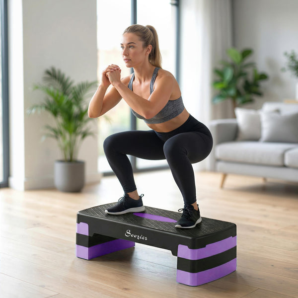 Plateforme de step aérobique réglable en hauteur (4", 6"/8"), avec rehausseurs, violet