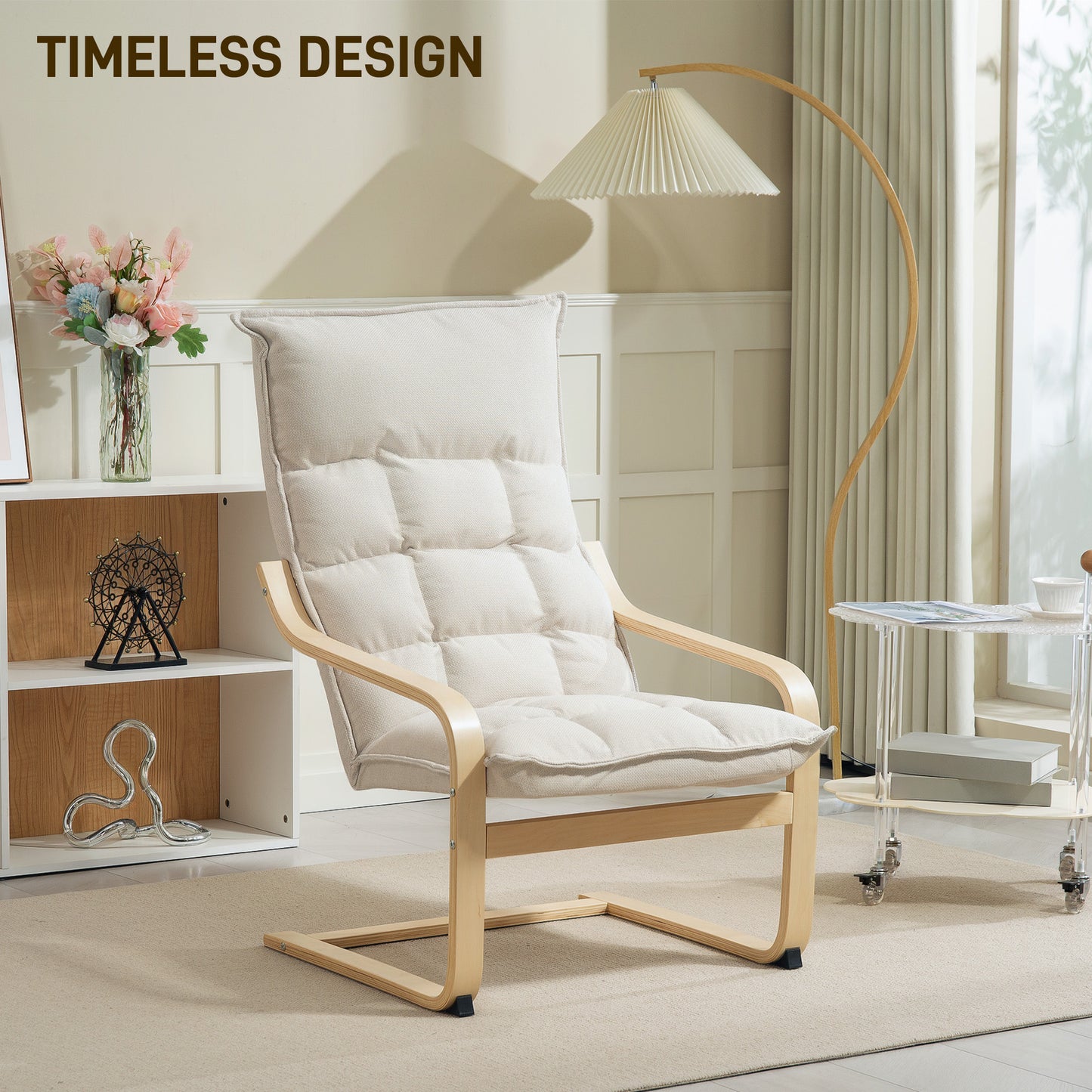 Fauteuil d'appoint rembourré avec pieds et accoudoirs incurvés, blanc crème