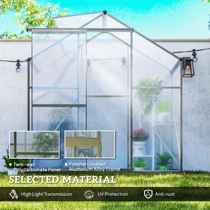 Polycarbonate greenhouse with sliding door, 5-level roof ventilation and gutter