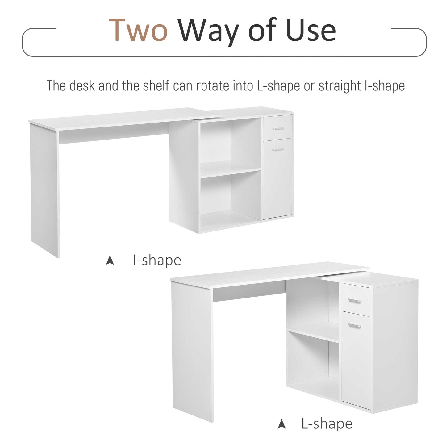 Bureau d'angle pivotant à 180° avec étagère de rangement, blanc