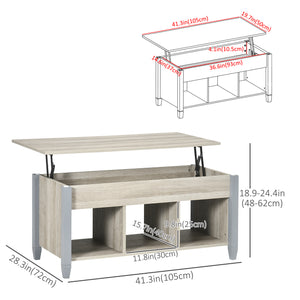 Table basse relevable avec compartiment dissimulé et 3 étagères inférieures gris