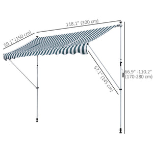 10x5ft Manual Retractable Awning, Patio Sun Shade Canopy Shelter with 5.6-9.2ft Support Pole, Water Resistant UV Protector, for Window, Door, Porch, Deck, Green