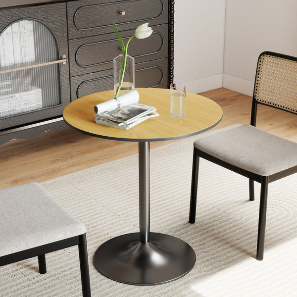 Table de cuisine ronde pour 2 personnes avec placage bois et piètement en acier, couleur naturelle.