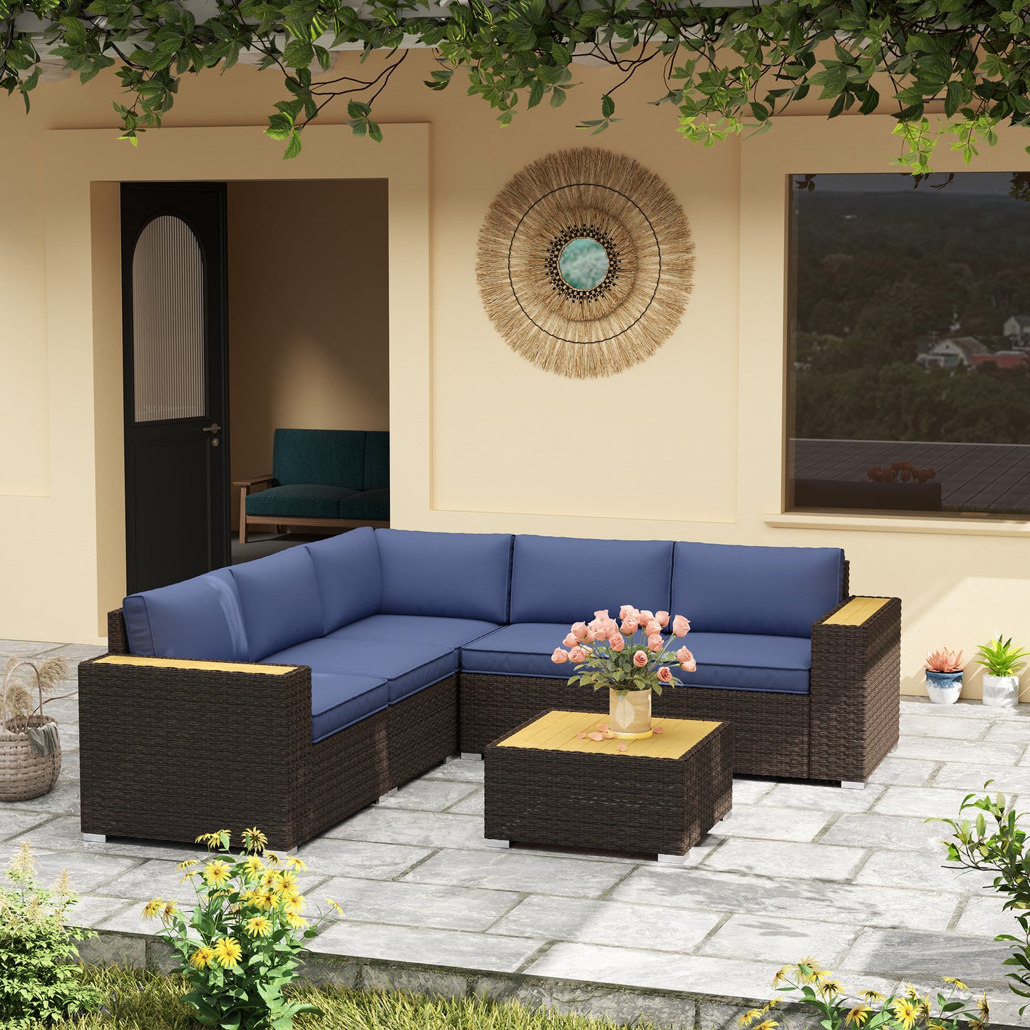 Ensemble de meubles de jardin 6 pièces avec canapé d'angle, table basse en bois et plastique, bleu marine