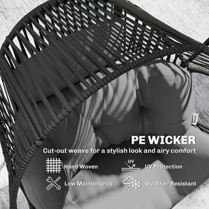 Fauteuil œuf en osier en rotin avec coussin épais et appui-tête, structure en acier, coussins réglables, gris