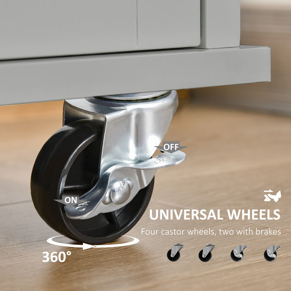 Rolling kitchen island with 2 storage drawers, 3 cupboards with doors and towel rail - Grey