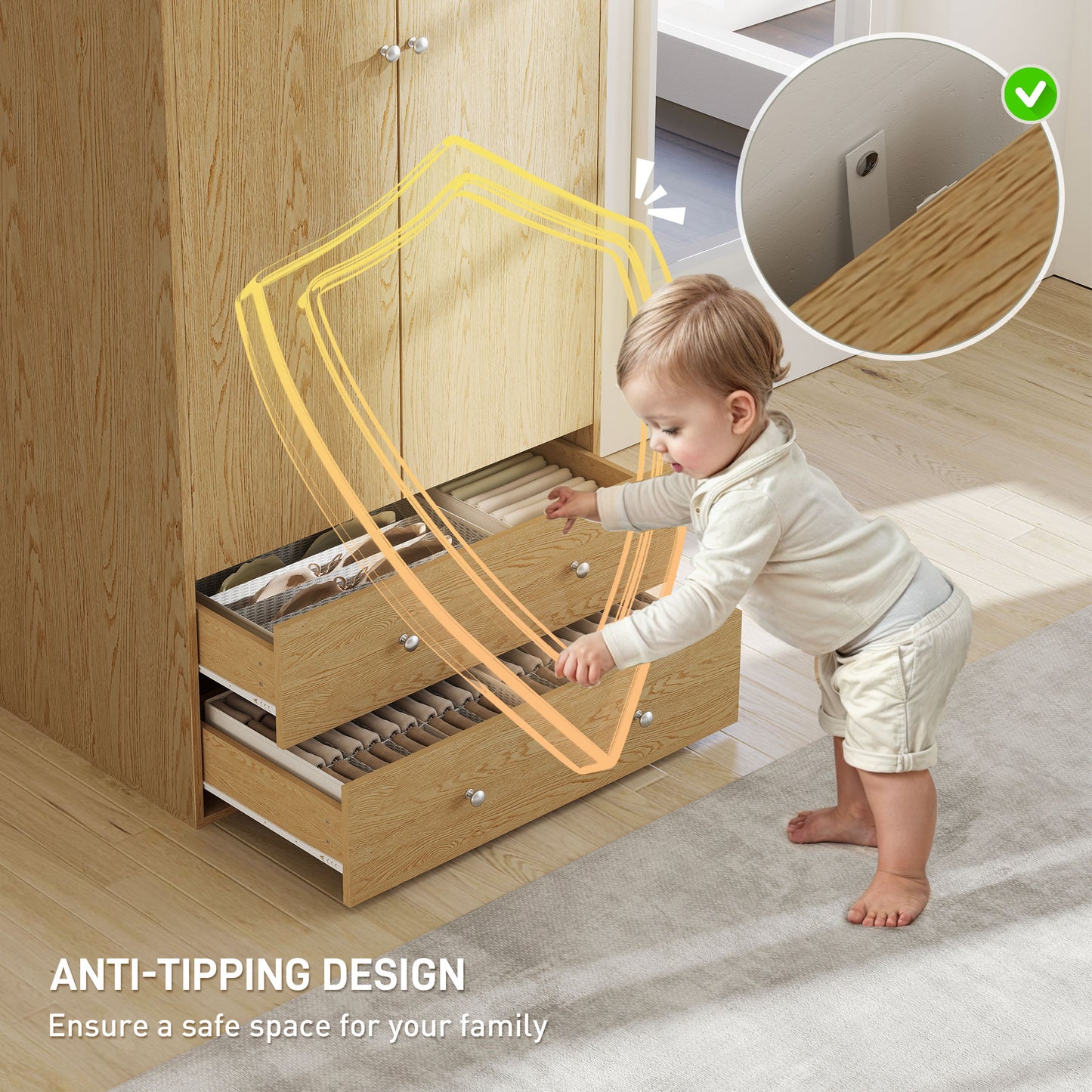 Armoire penderie moderne avec 2 tiroirs et tringle de suspension, bois naturel