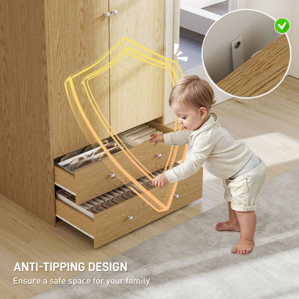 Armoire penderie moderne avec 2 tiroirs et tringle de suspension, bois naturel