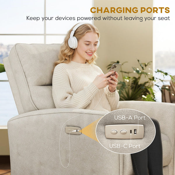 Fauteuil inclinable électrique, revêtement en tissu, ports USB, repose-pieds, beige