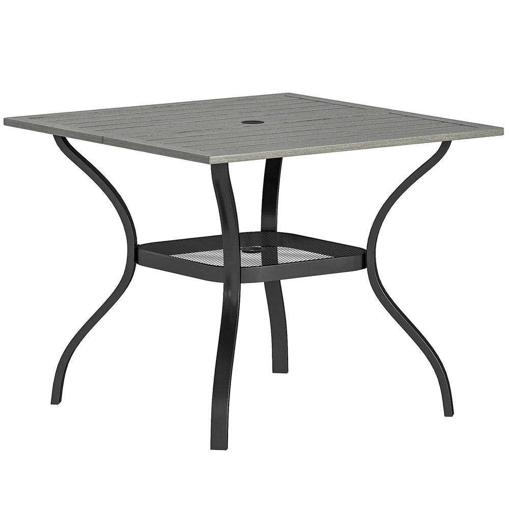 Outdoor Dining Table for 4, Square Patio Table with Umbrella Hole, Shelf, Slatted Faux Wood Steel Top, Grey