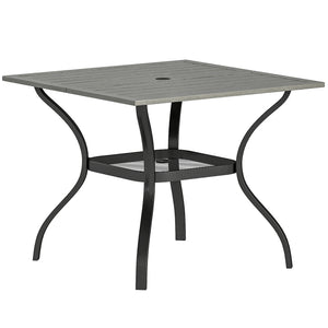 Outdoor Dining Table for 4, Square Patio Table with Umbrella Hole, Shelf, Slatted Faux Wood Steel Top, Grey