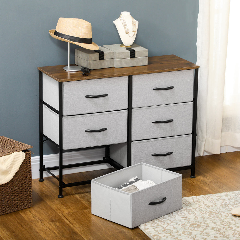6-drawer fabric chest with steel frame, wood-effect top and handles, grey.